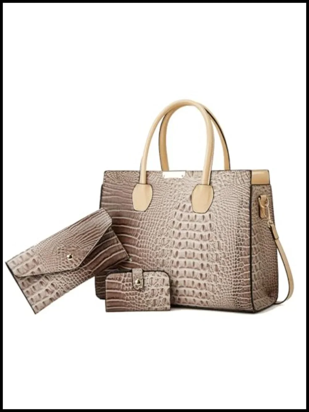 Crocodile Embossed 3-Pc Tote Handbag Set with Wallet